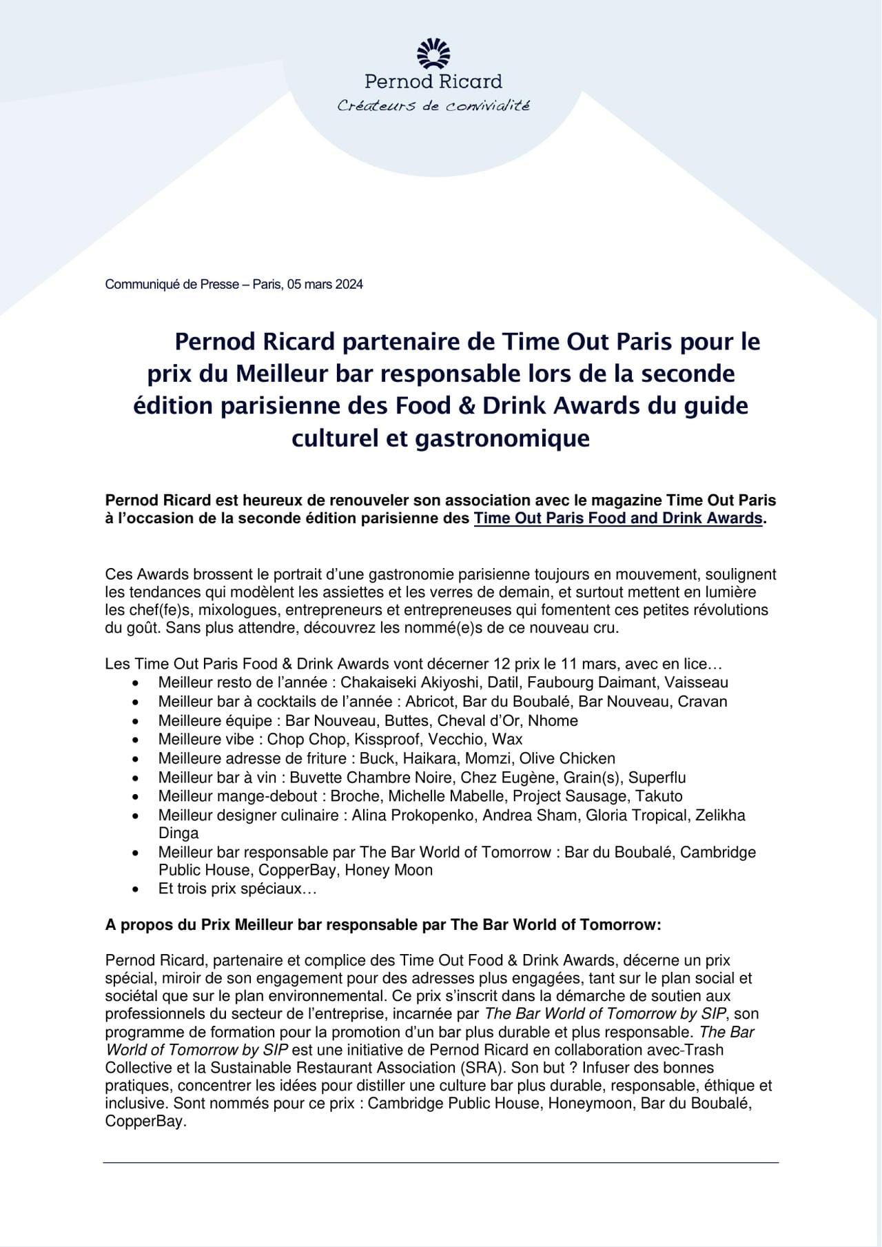 Pernod Ricard partenaire de Time Out Paris pour le prix du Meilleur bar responsable aux Food & Drink Awards 2024
