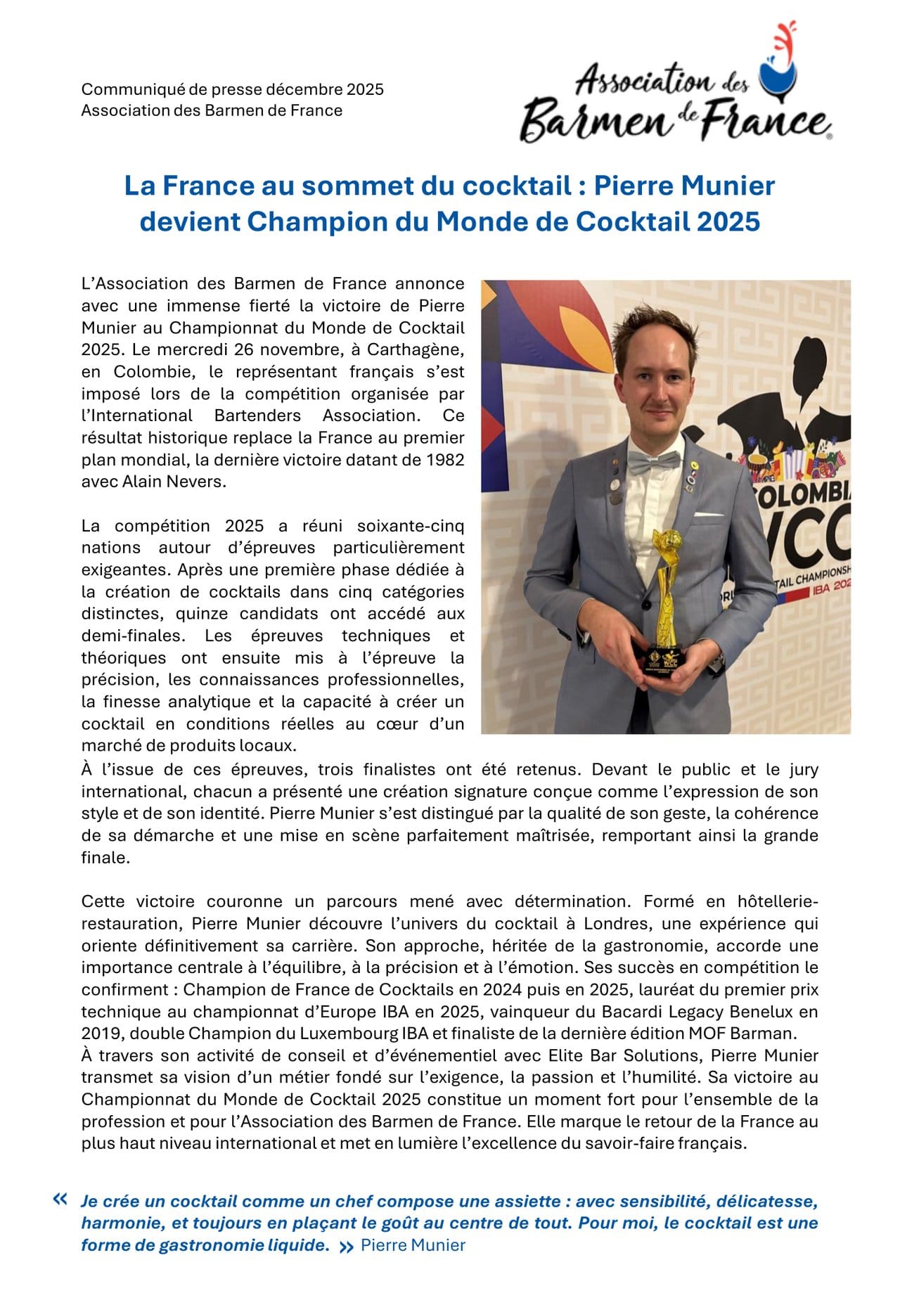 Pierre Munier remporte le Championnat du Monde de Cocktail 2025 et offre à la France son premier titre mondial depuis 1982